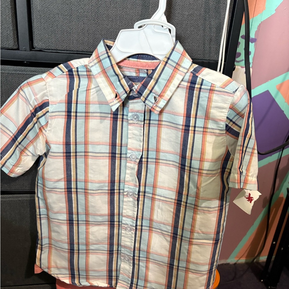 Red and Blue Button Down Shirt with Plaid Pattern